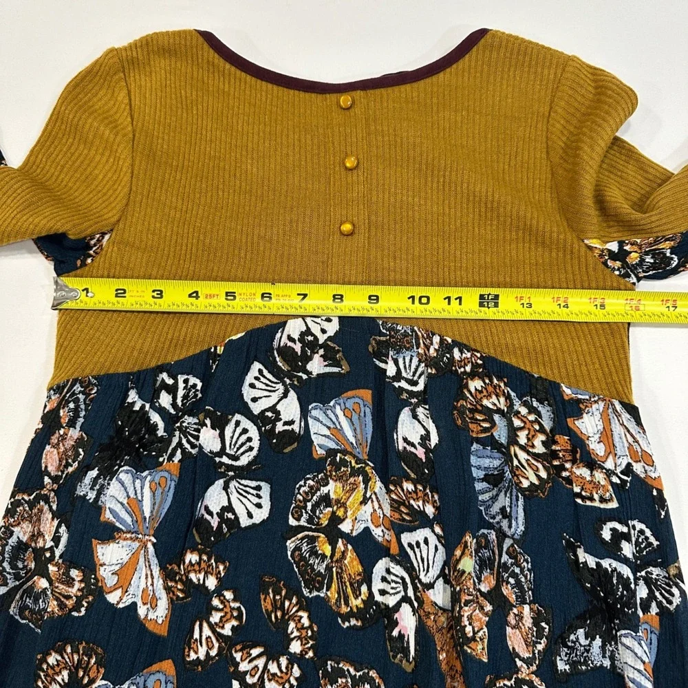 THML Butterfly Print‎ Mixed Media Dress Womens XS Mustard Yellow Ribbed | Boho